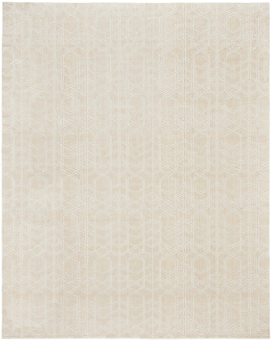 Cream beige area rug with subtle geometric hex pattern; soft, neutral decor for living spaces.