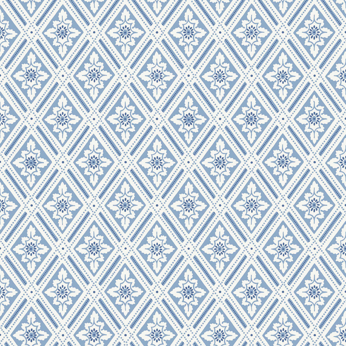 Blue & white diamond lattice wallpaper with central floral rosettes, repeating tile-inspired pattern.