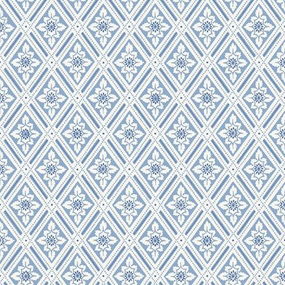 Blue & white diamond lattice wallpaper with central floral rosettes, repeating tile-inspired pattern.
