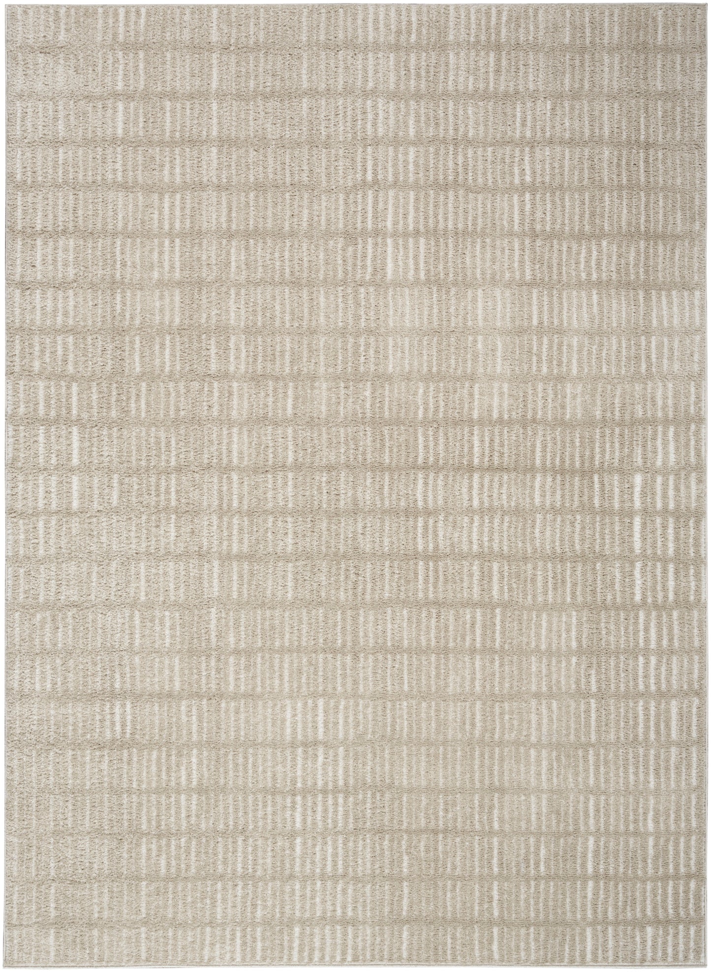 Beige textured area rug with a subtle grid of horizontal woven blocks; neutral, versatile living room rug.