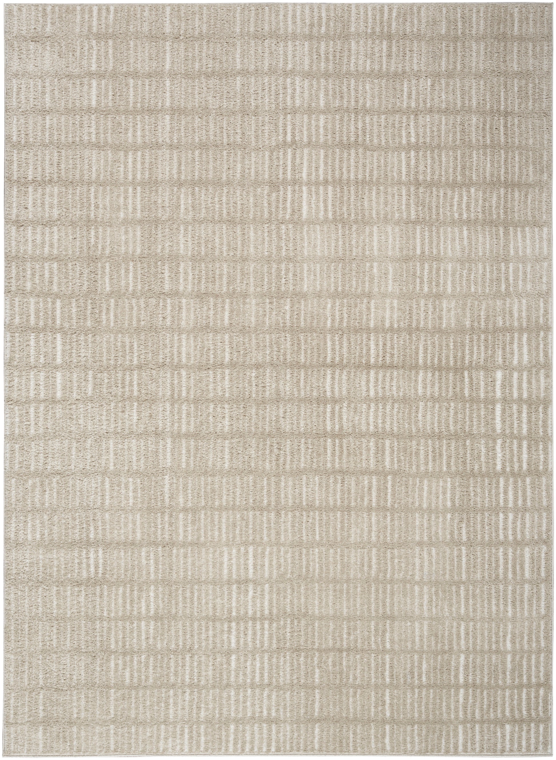 Beige textured area rug with a subtle grid of horizontal woven blocks; neutral, versatile living room rug.