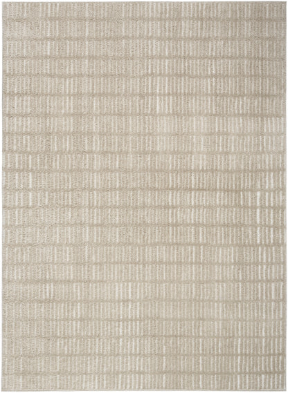 Beige textured area rug with a subtle grid of horizontal woven blocks; neutral, versatile living room rug.