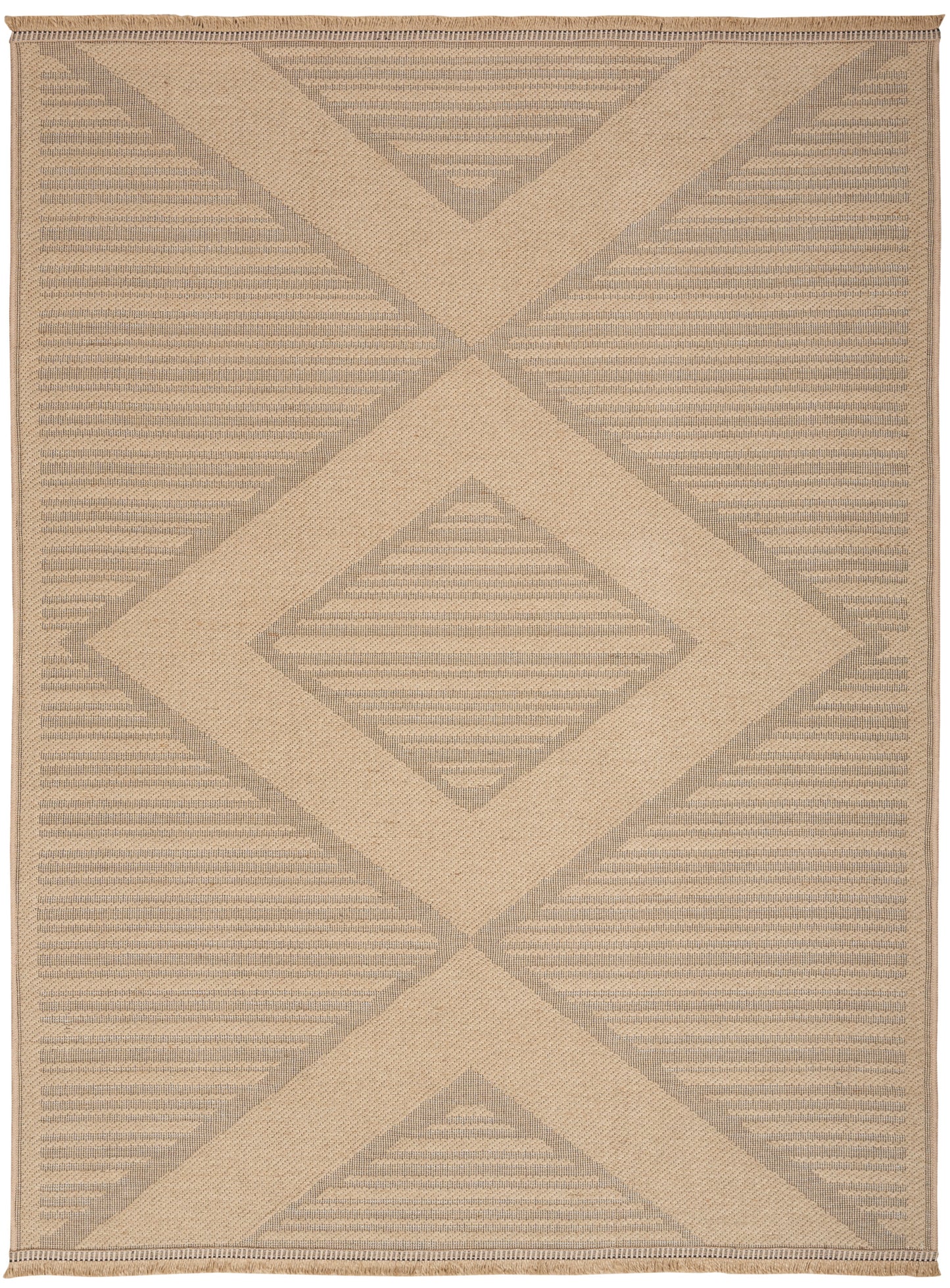 Natural beige jute area rug with taupe diamond shapes and diagonal stripes; rectangular, fringed edges, modern boho.