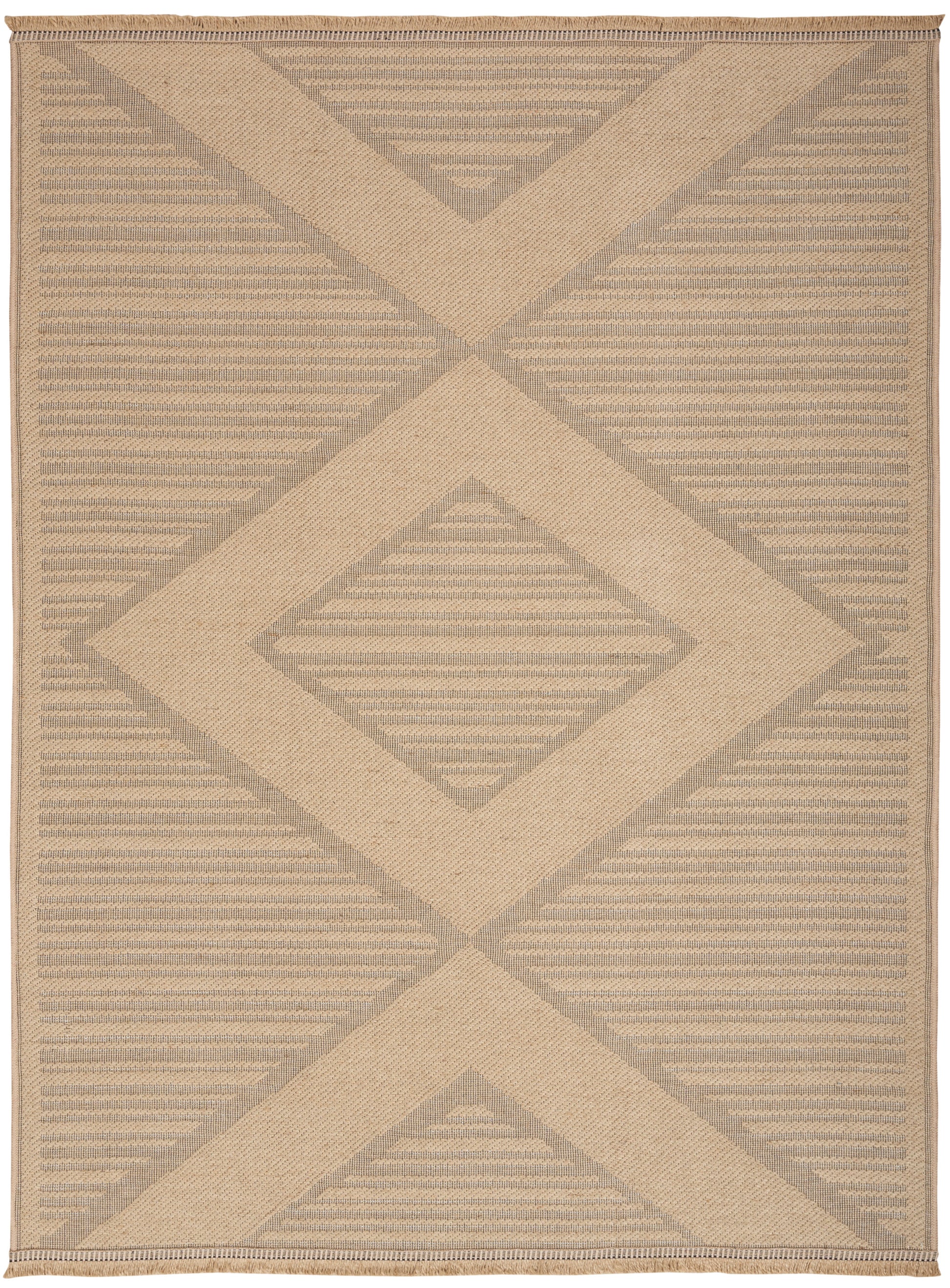 Natural beige jute area rug with taupe diamond shapes and diagonal stripes; rectangular, fringed edges, modern boho.