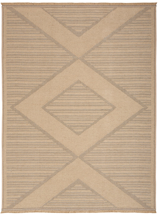 Natural beige jute area rug with taupe diamond shapes and diagonal stripes; rectangular, fringed edges, modern boho.