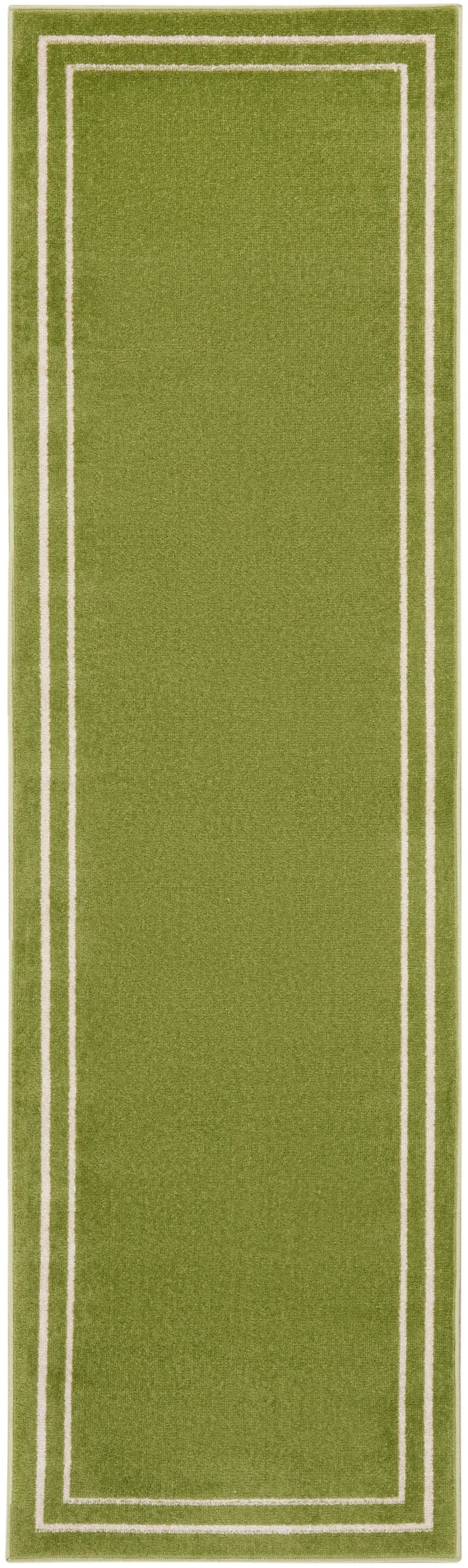 Olive green rectangular runner rug with two white border lines creating a framed look.