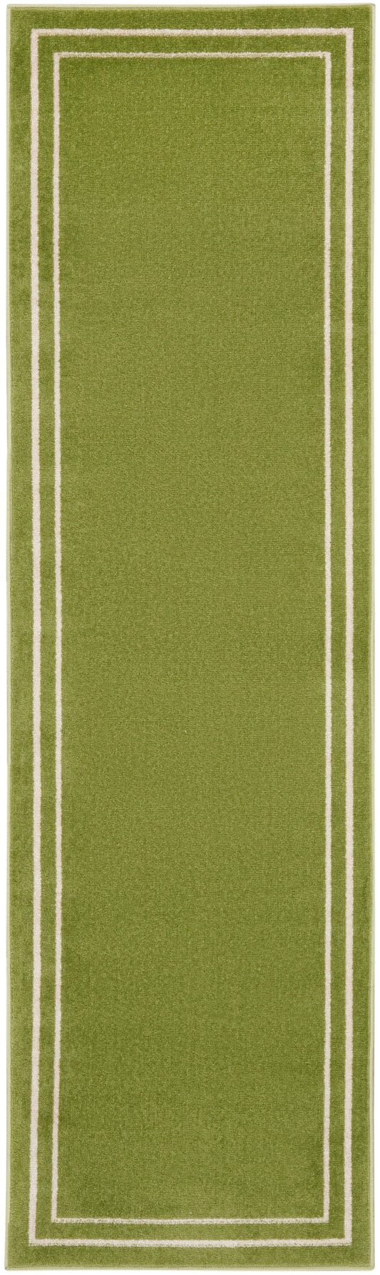 Olive green rectangular runner rug with two white border lines creating a framed look.