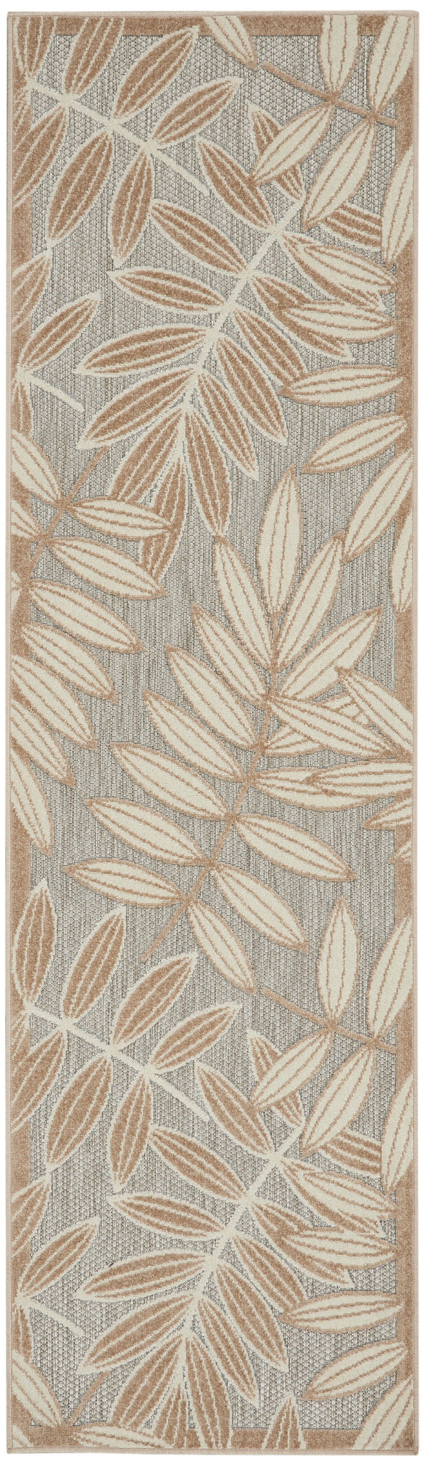 Rectangular runner rug with warm tan leaf pattern on gray textured weave; beige border for hallway or entry.