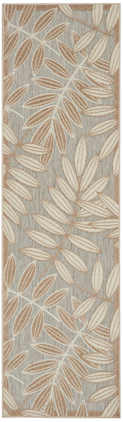 Rectangular runner rug with warm tan leaf pattern on gray textured weave; beige border for hallway or entry.