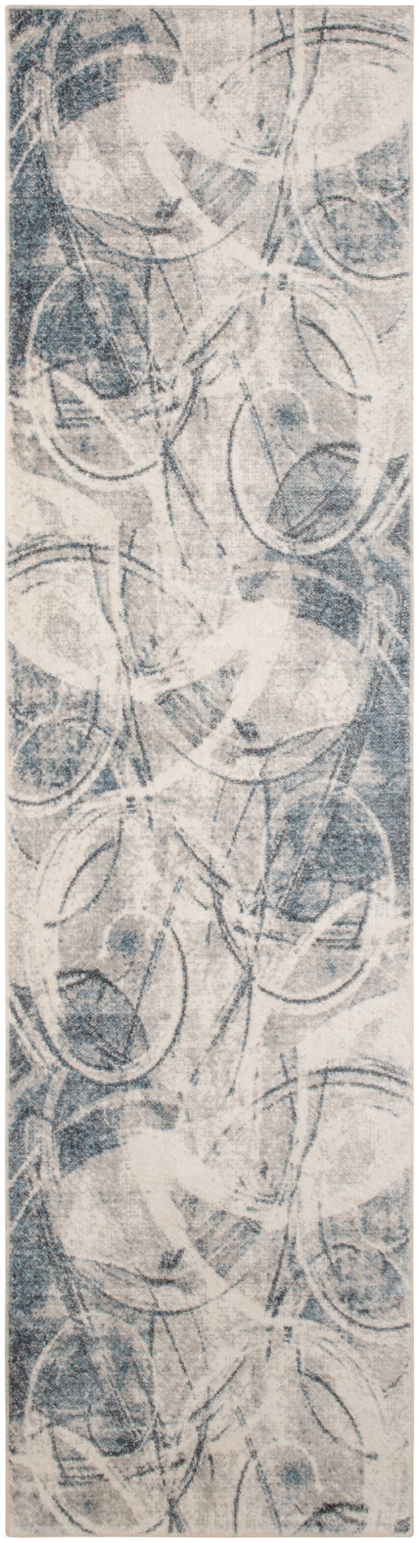 Abstract grey-blue circular pattern on pale background; layered brush-stroke rings suitable for textile or wallpaper design.