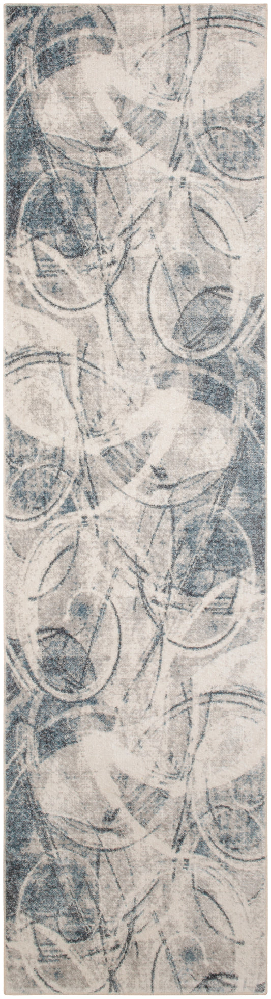 Abstract grey-blue circular pattern on pale background; layered brush-stroke rings suitable for textile or wallpaper design.