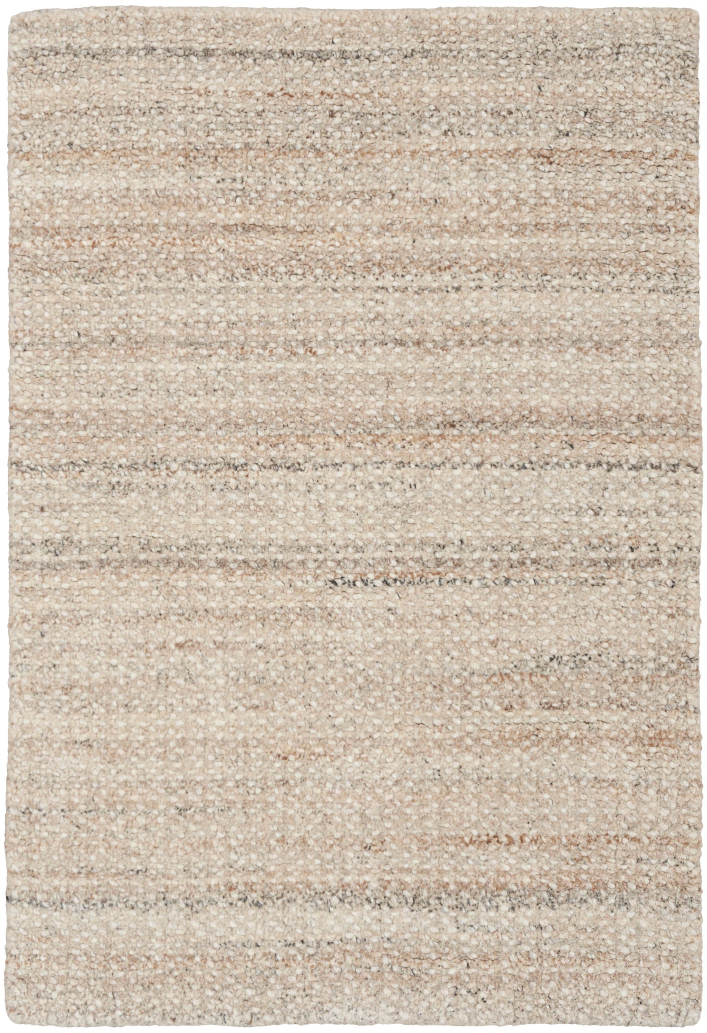 Neutral beige flatweave rug with subtle tonal stripes; natural wool look.