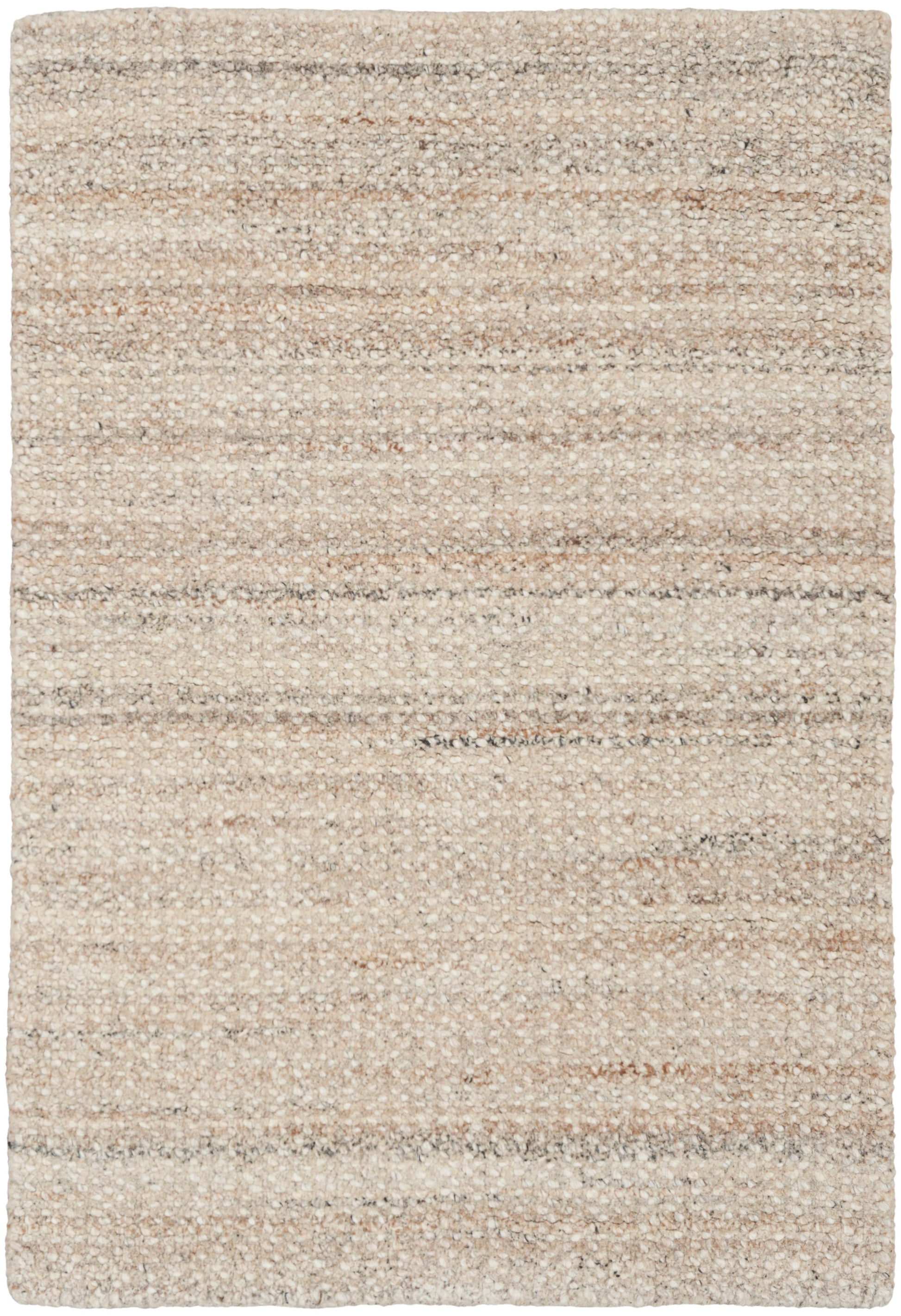 Neutral beige flatweave rug with subtle tonal stripes; natural wool look.