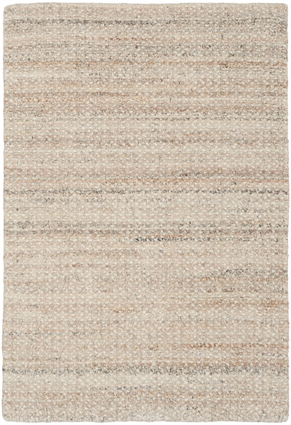 Neutral beige flatweave rug with subtle tonal stripes; natural wool look.