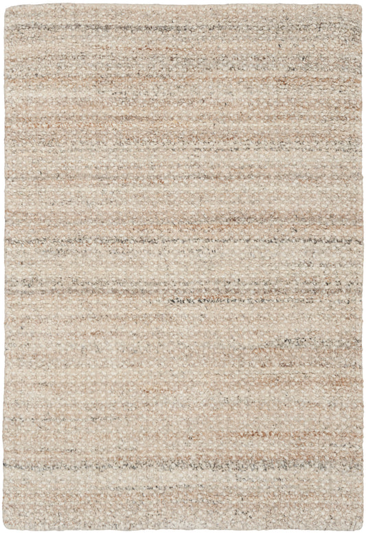 Neutral beige flatweave rug with subtle tonal stripes; natural wool look.