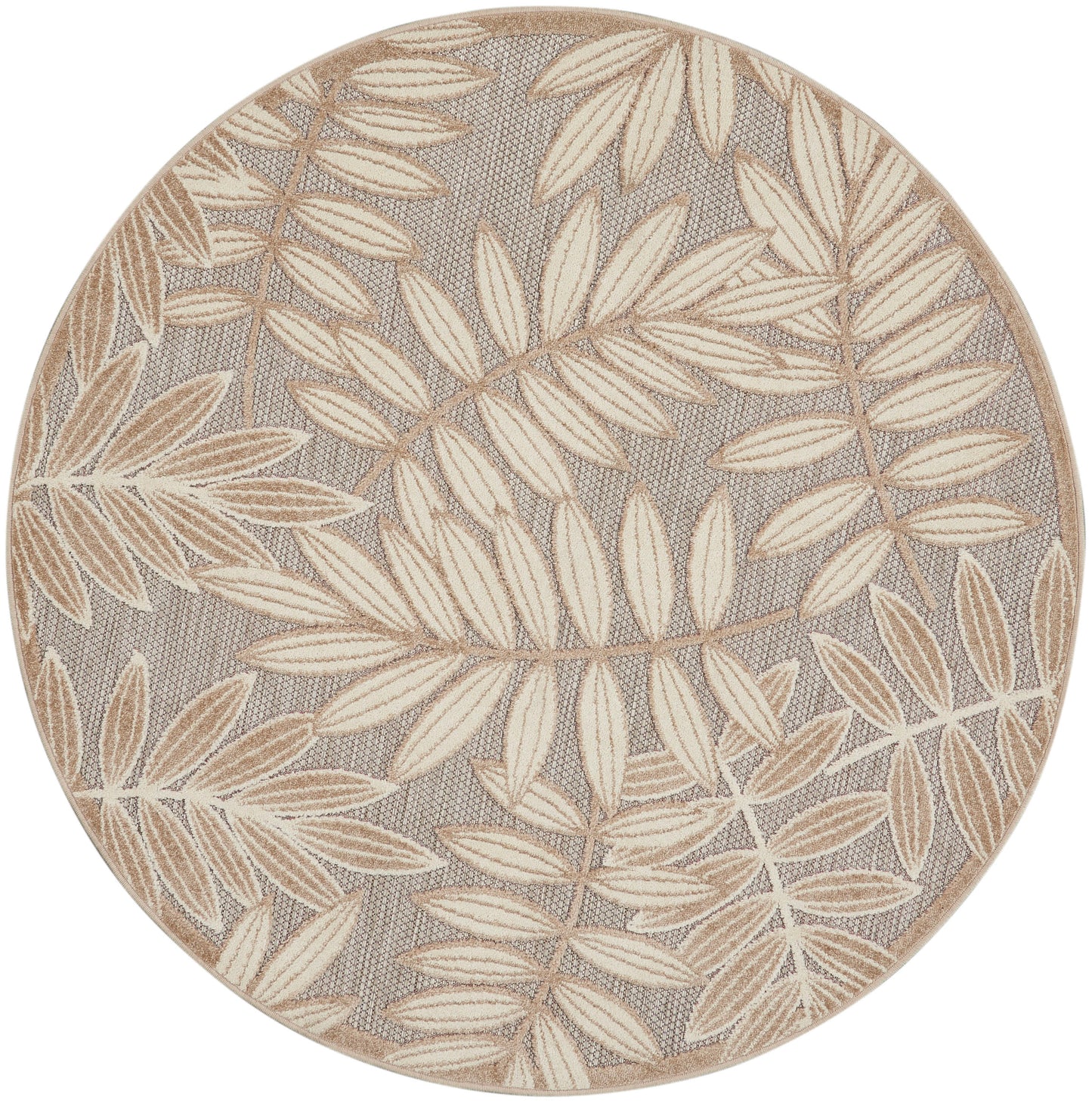 Round rug with beige botanical leaf pattern on gray woven background & beige border; textured, coastal style.