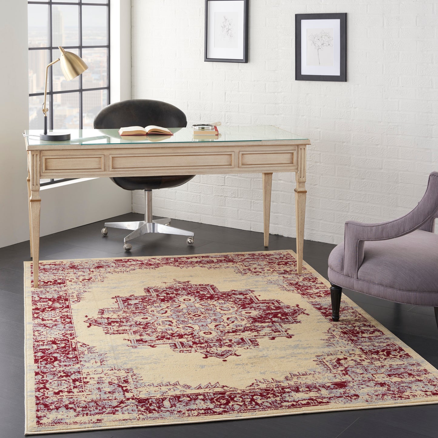 Vintage oriental rug in beige and red-beige tones, 5' x 7'.