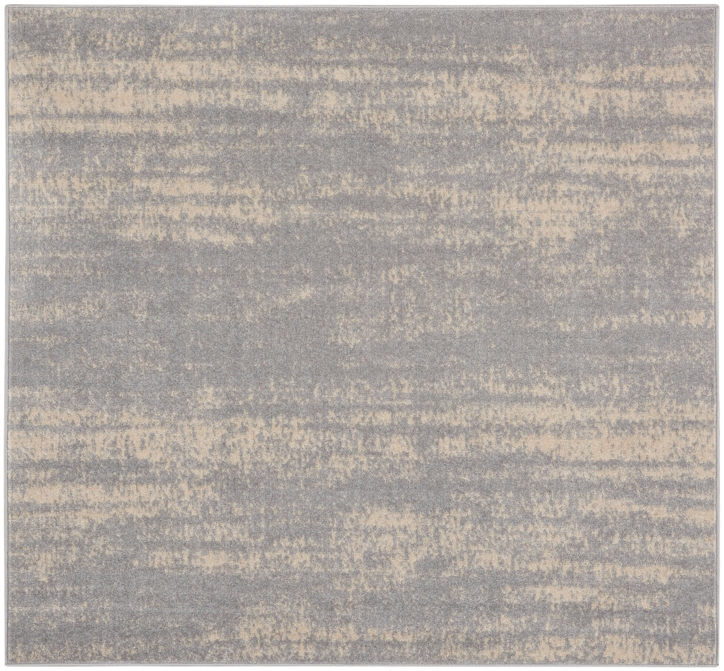 Square gray and beige rug with a soft, abstract distressed pattern.