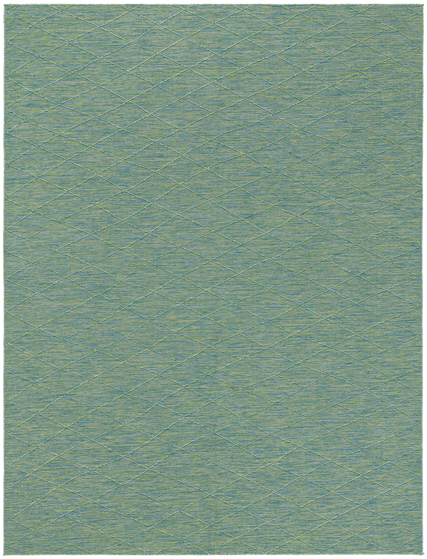 Rectangular teal woven rug with subtle pale-yellow diamond trellis pattern; modern geometric, soft texture.