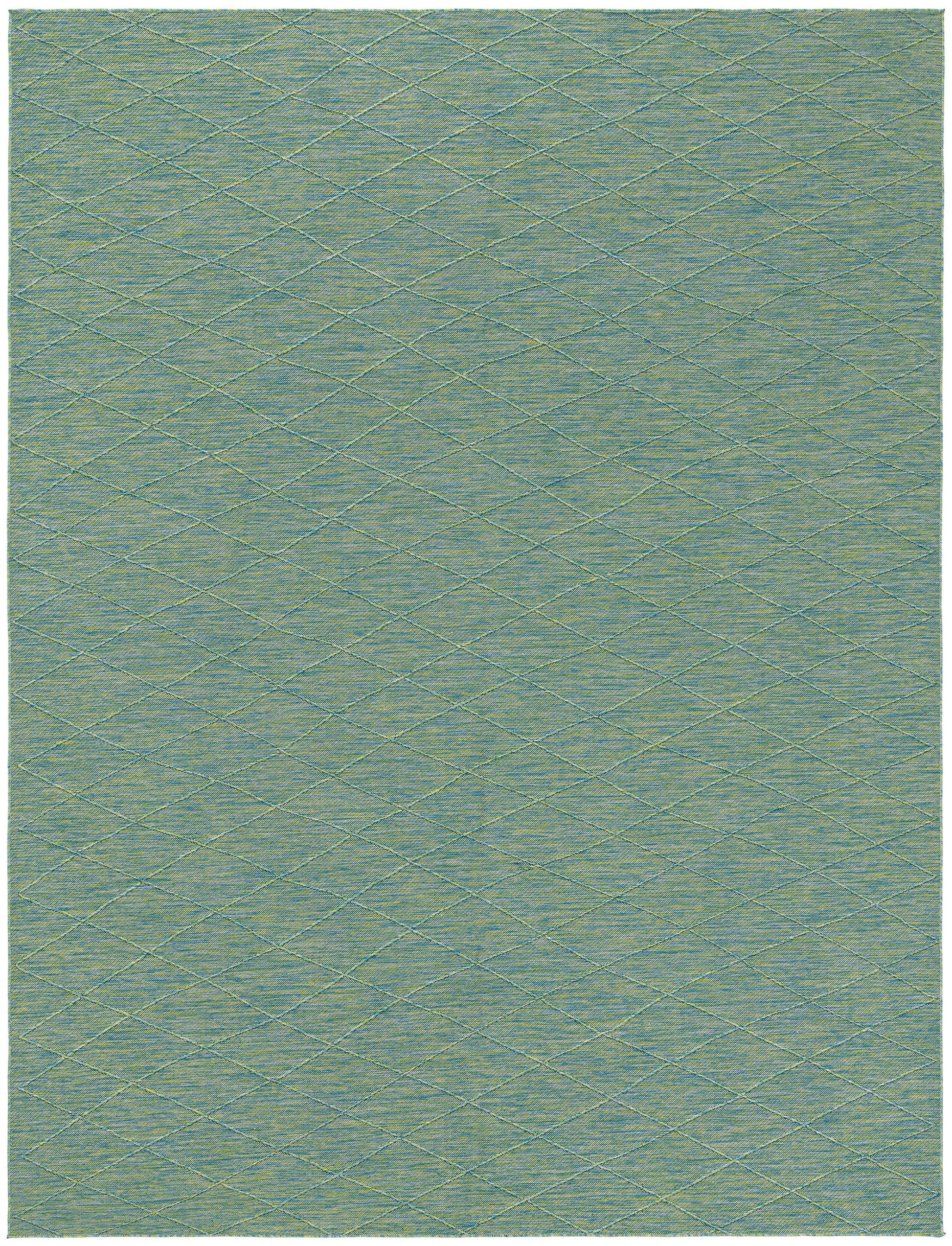 Rectangular teal woven rug with subtle pale-yellow diamond trellis pattern; modern geometric, soft texture.