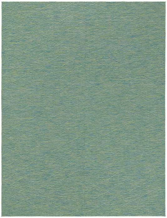 Rectangular teal woven rug with subtle pale-yellow diamond trellis pattern; modern geometric, soft texture.