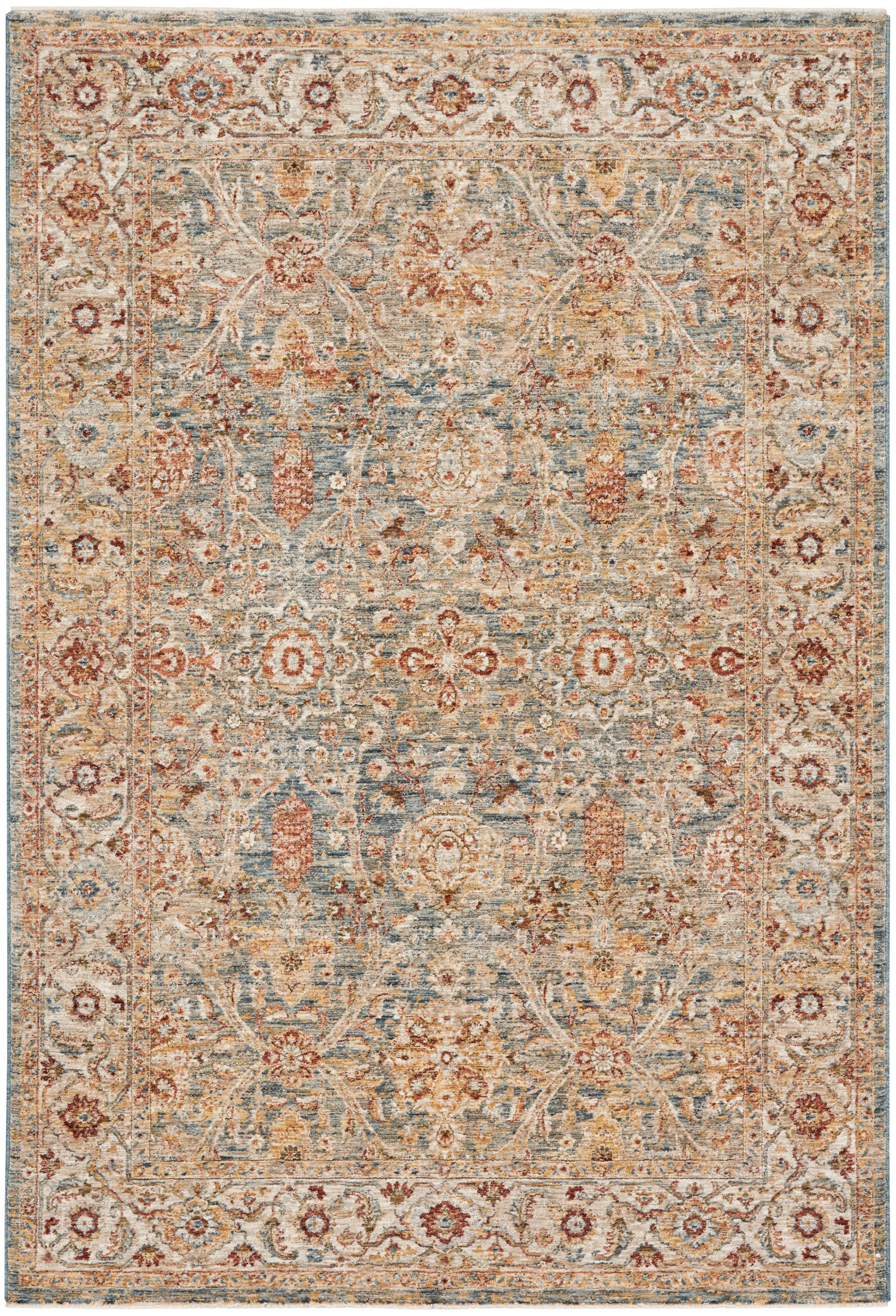 Rectangular vintage oriental rug with ivory, blue and rust floral motifs and ornate border for living room decor.
