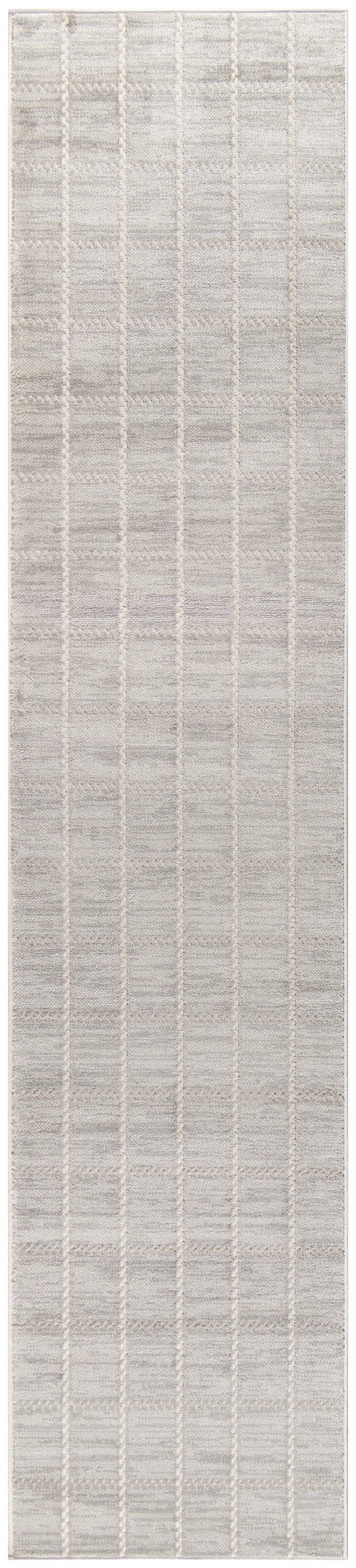 Light gray runner rug with a subtle checkered grid pattern and soft woven texture for neutral, modern decor.