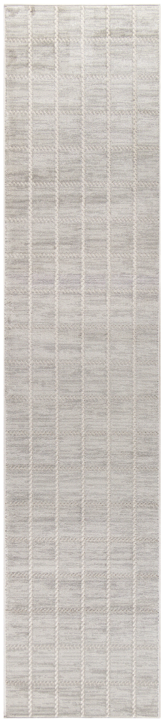 Light gray runner rug with a subtle checkered grid pattern and soft woven texture for neutral, modern decor.