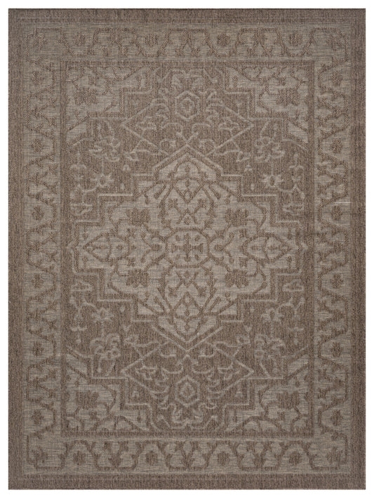 Taupe-brown oriental area rug with a large central medallion, floral border and distressed pattern.