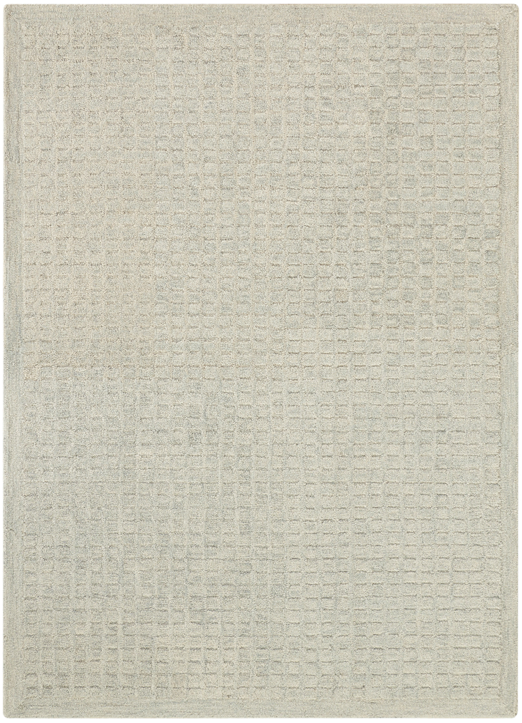 Beige textured rug with a soft, subtle grid-like pattern in neutral tones.