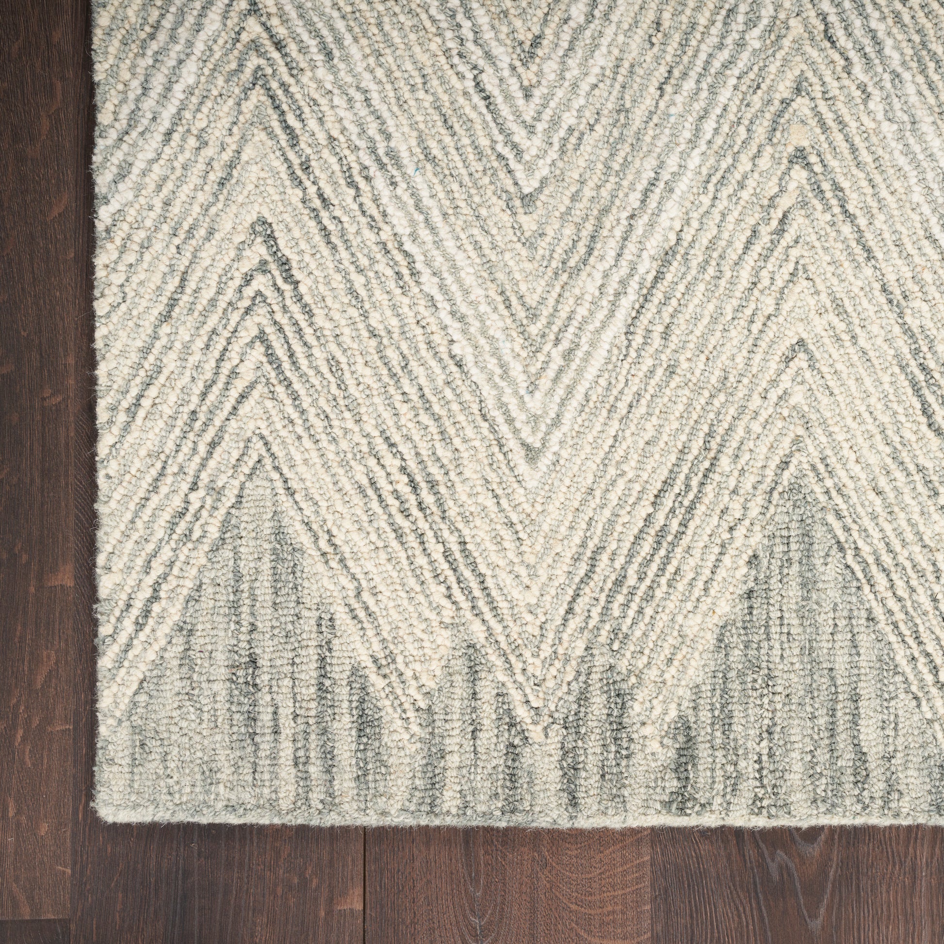 Beige and gray chevron rug on dark wood floor, soft textured pile with geometric zigzag pattern.