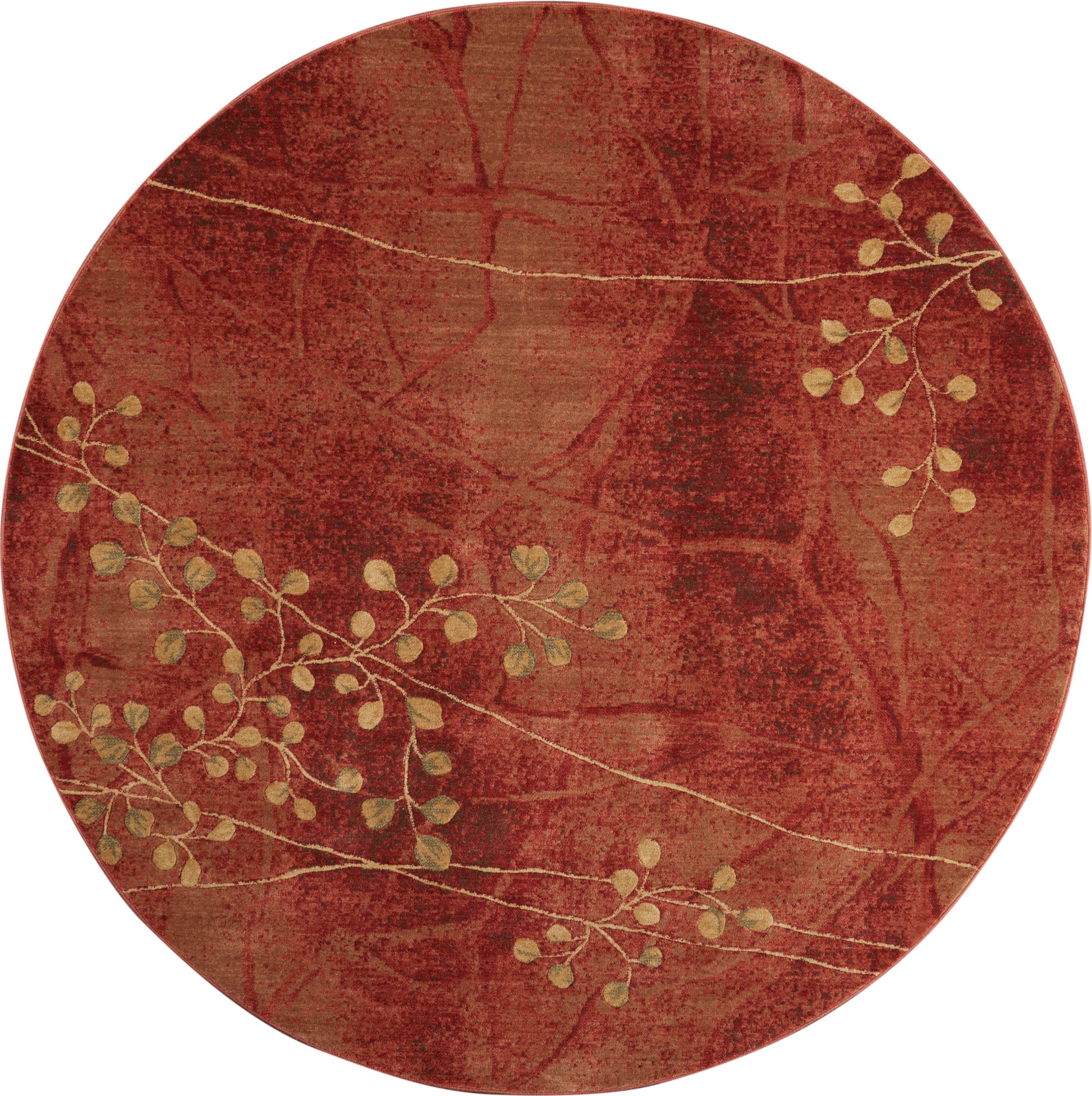 Round red rug with a textured maroon background and gold botanical vine pattern.