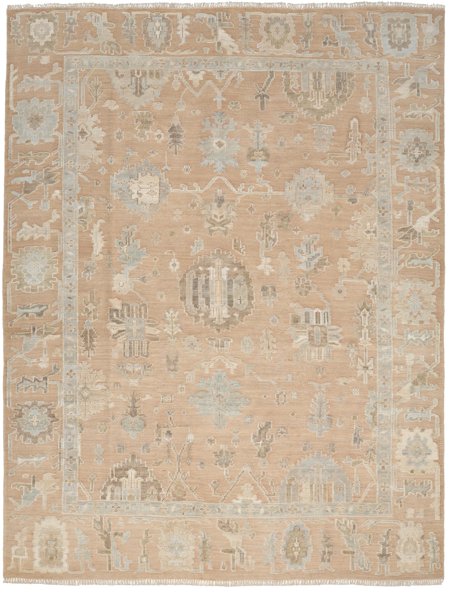 Peach-beige oriental area rug with ivory and pale blue floral motifs and ornate border.
