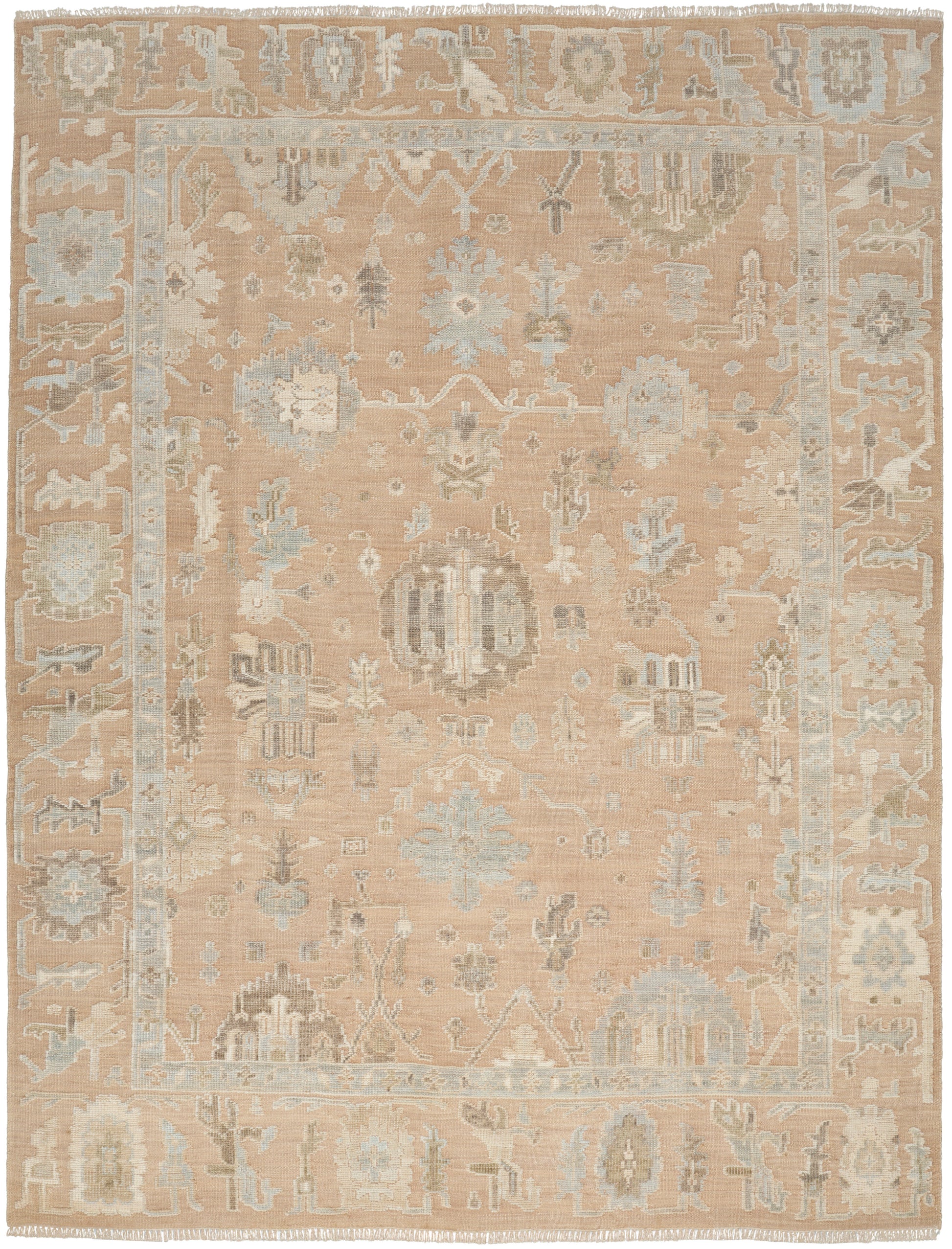 Peach-beige oriental area rug with ivory and pale blue floral motifs and ornate border.