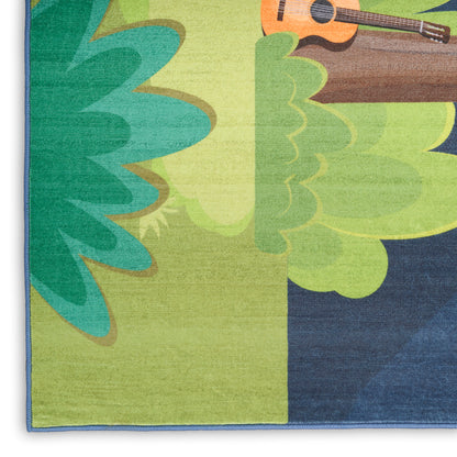 Rectangular woven rug with bold lime green and teal leaf shapes on lime and navy panels; partial guitar motif at corner.