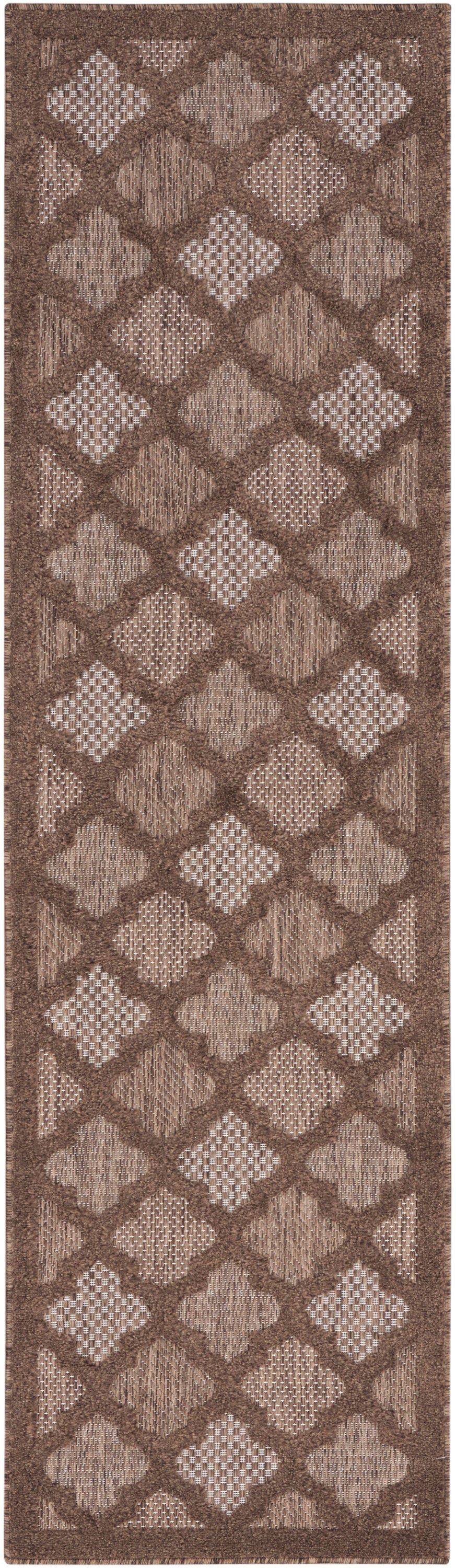 Brown tufted area rug with repeating diamond lattice pattern and dark brown border.