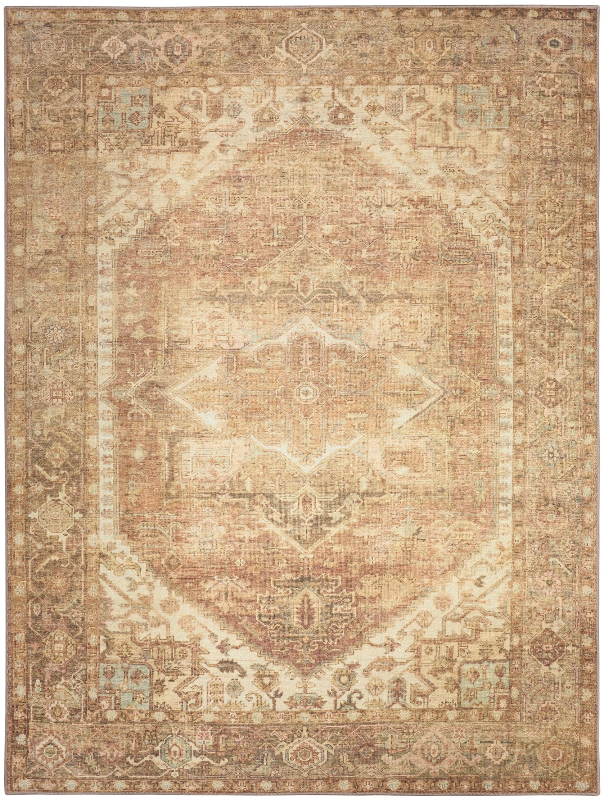 Distressed vintage Persian-inspired area rug in warm beige, cream and rust with a central diamond medallion and ornate border.