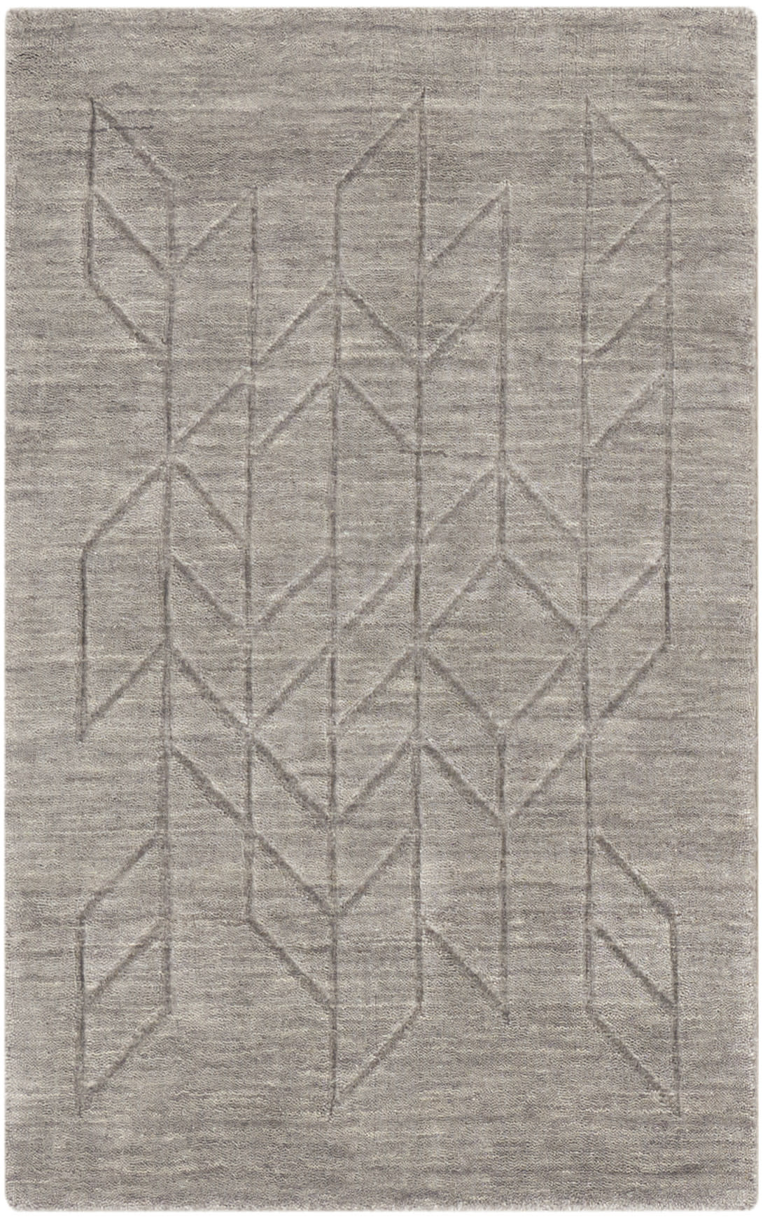 Gray rug with subtle geometric chevron and diamond pattern, soft woven texture, modern decor.