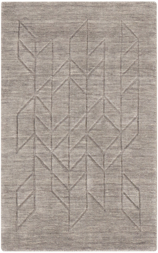 Gray rug with subtle geometric chevron and diamond pattern, soft woven texture, modern decor.