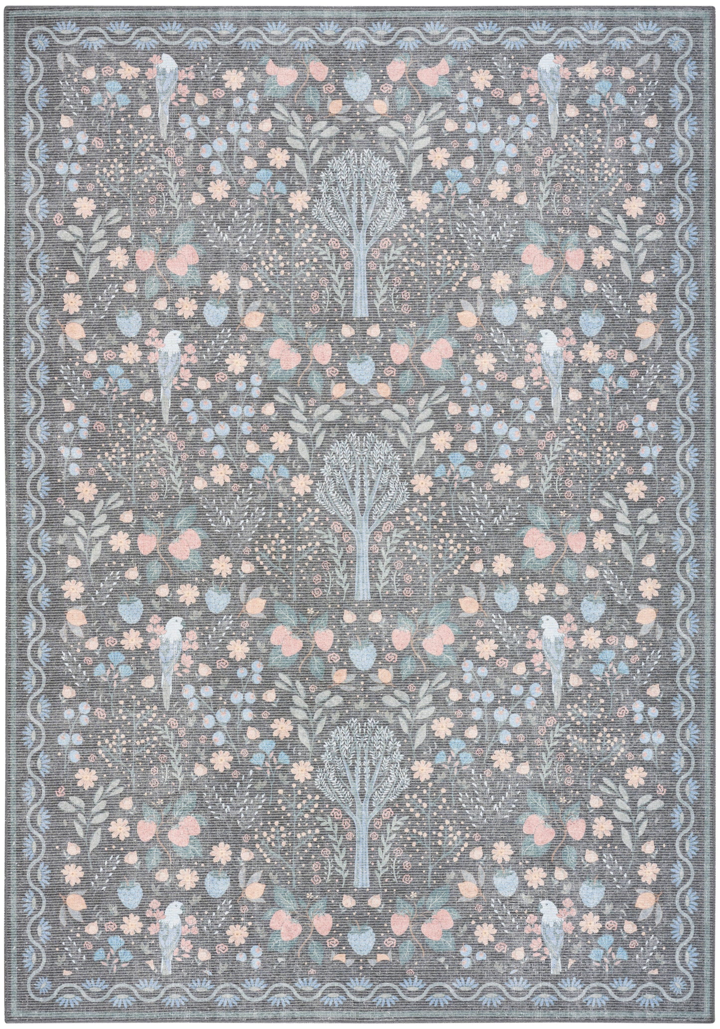 Rectangular rug with blue-grey ground, pale pink and light blue floral damask motifs; ornate border, Persian-inspired design.