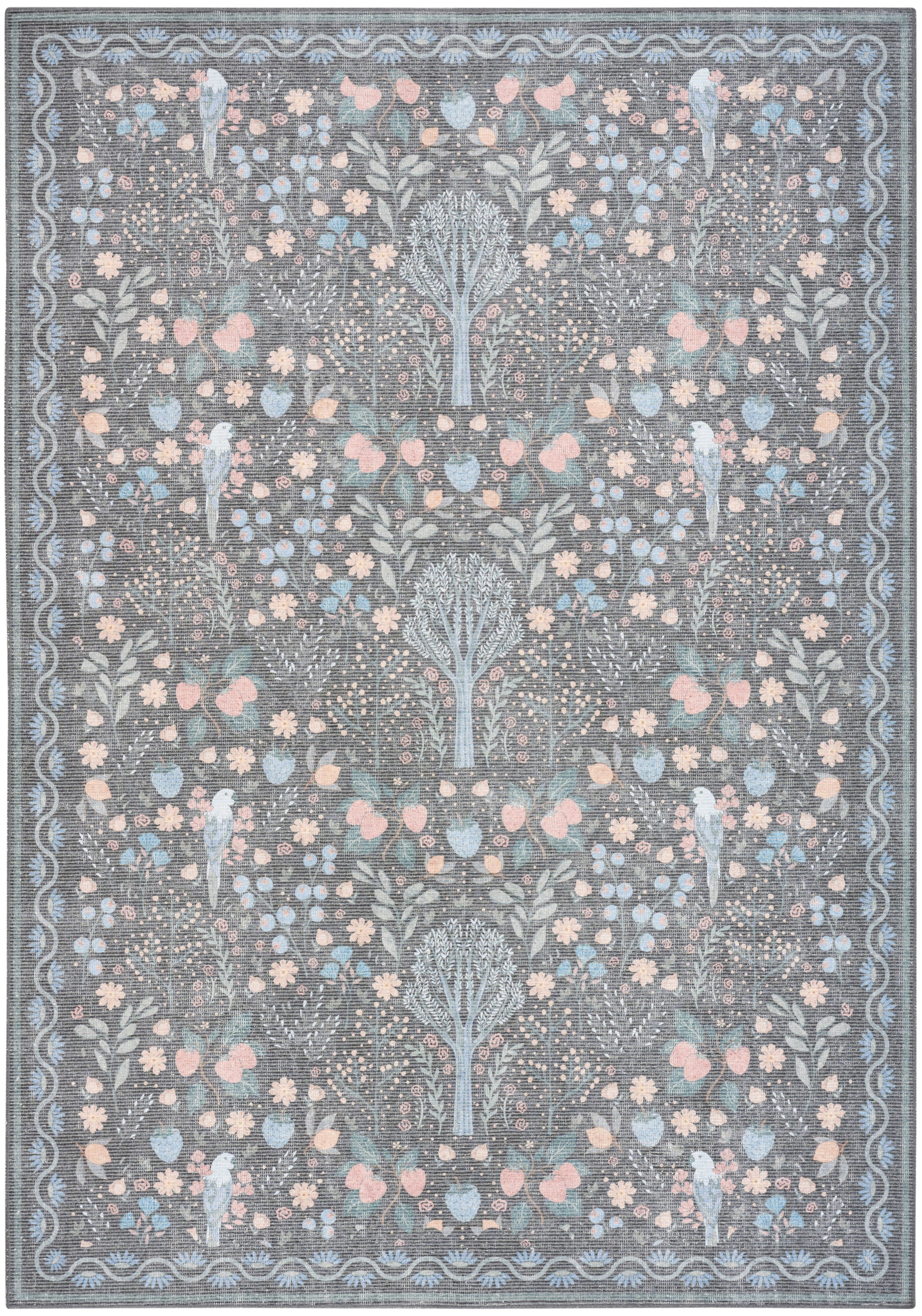 Rectangular rug with blue-grey ground, pale pink and light blue floral damask motifs; ornate border, Persian-inspired design.