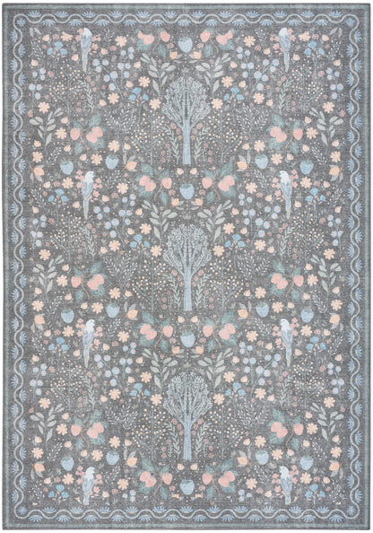 Rectangular rug with blue-grey ground, pale pink and light blue floral damask motifs; ornate border, Persian-inspired design.