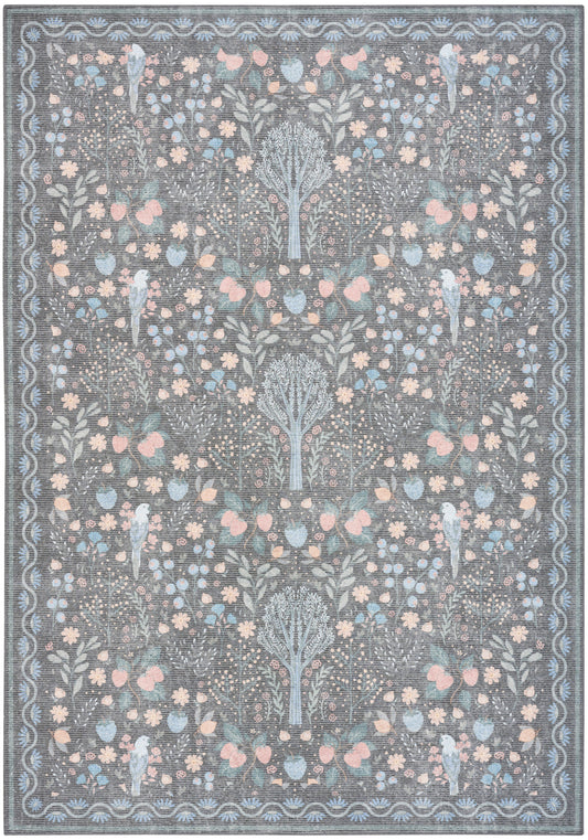 Rectangular rug with blue-grey ground, pale pink and light blue floral damask motifs; ornate border, Persian-inspired design.