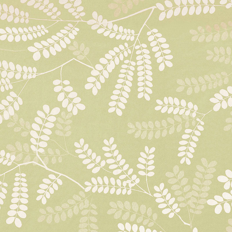 Olive-green background with white fern leaf pattern; botanical decorative fabric.