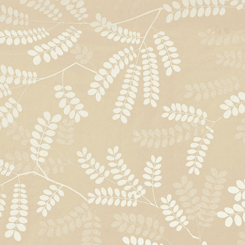 Beige wallpaper featuring a white fern leaf pattern for a botanical, decorative look.