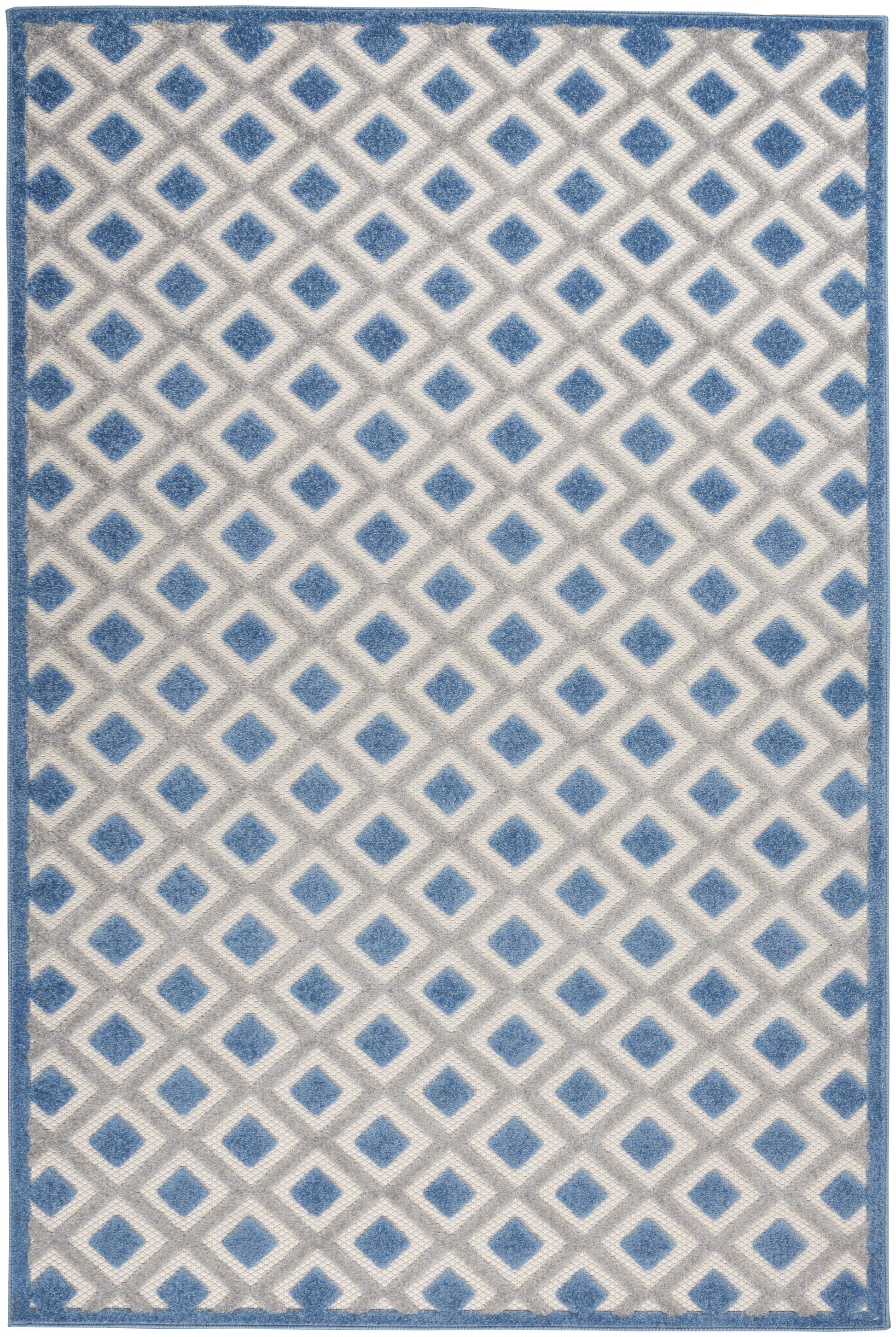 Rectangular woven rug with blue border and a cream background featuring a blue diamond lattice pattern.