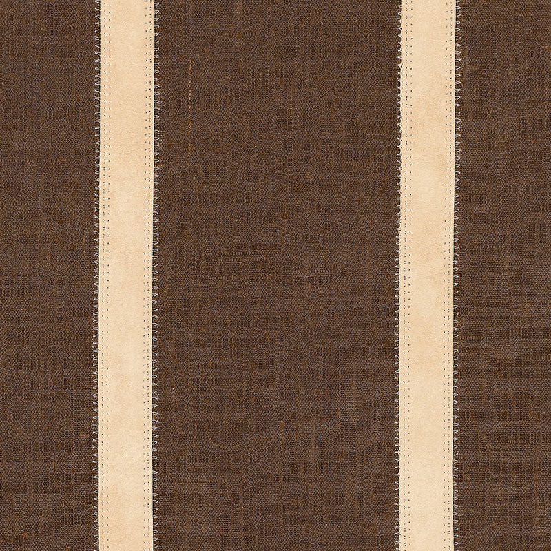 Dark brown woven rug with cream vertical stripes and dotted edging, rustic-modern striped design.
