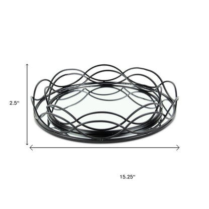 Set of Two Black And Silver Metal And Mirrored Glass Round Vanity Trays