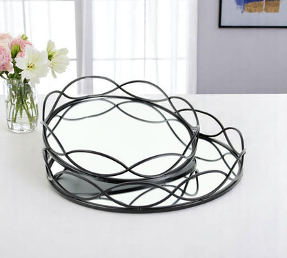 Set of Two Black And Silver Metal And Mirrored Glass Round Vanity Trays