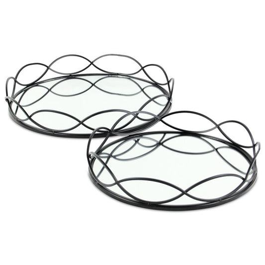 Set of Two Black And Silver Metal And Mirrored Glass Round Vanity Trays